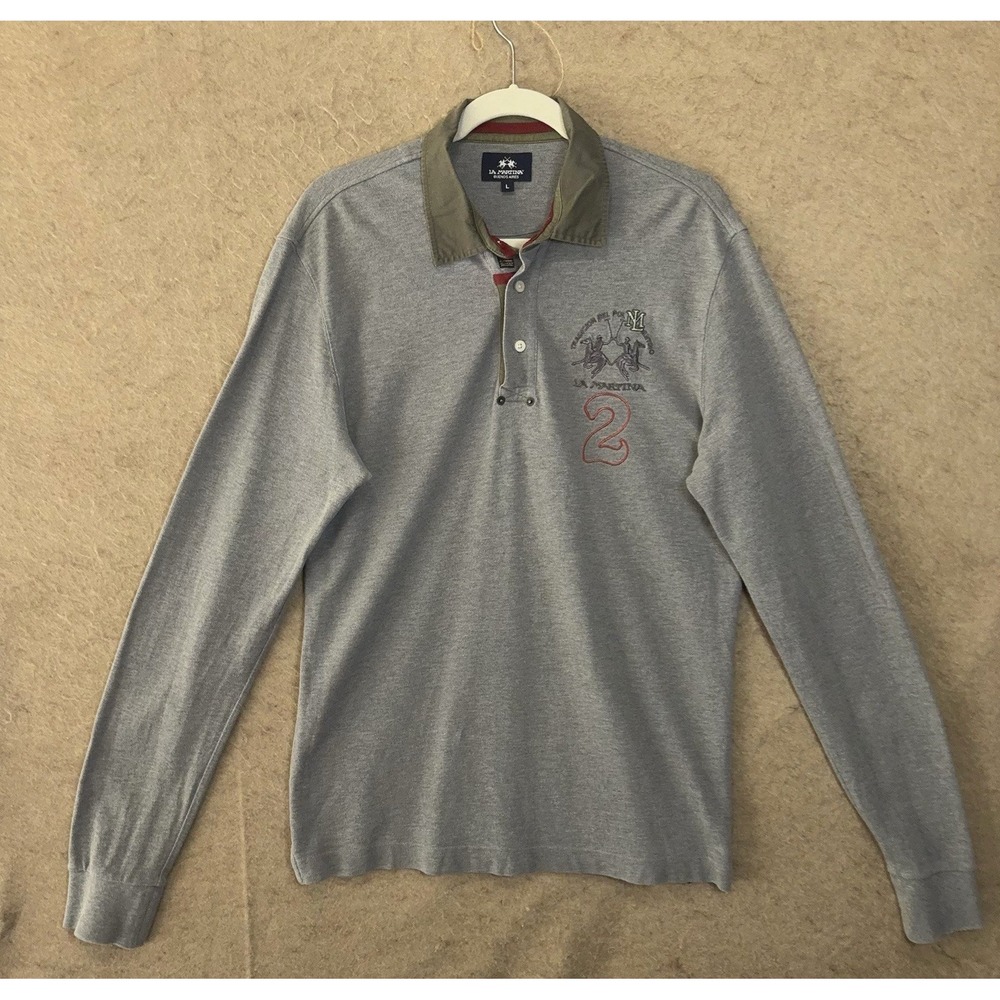 La Martina Tradicion‎ Del Polo Argentino Rugby Shirt Mens Sz L Gray Logo